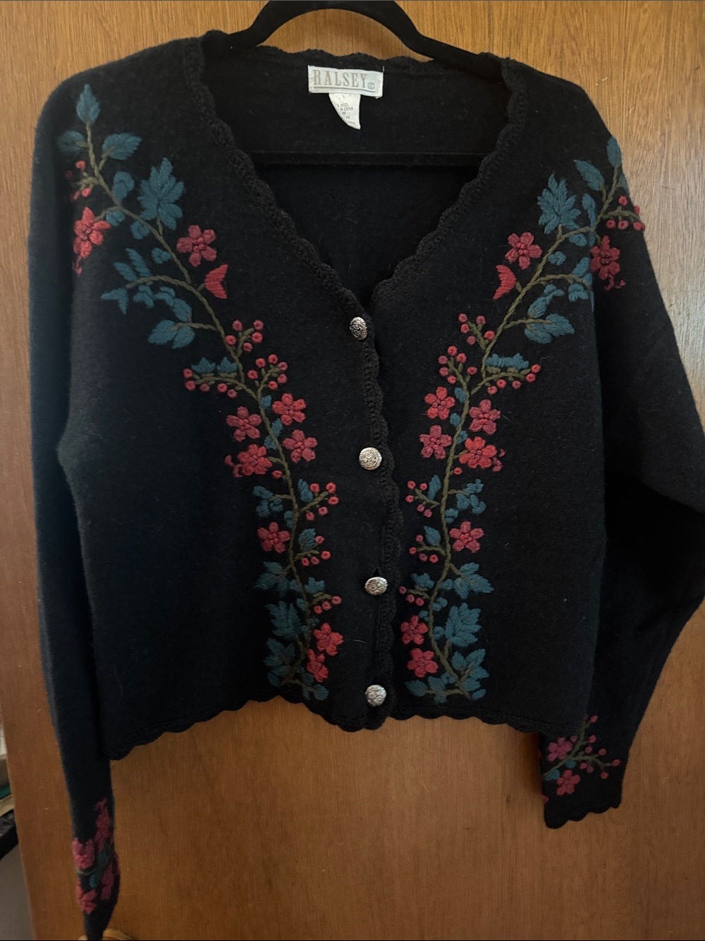 Ralsey Black 100% Wool Floral Embroidered V-Neck Cardigan